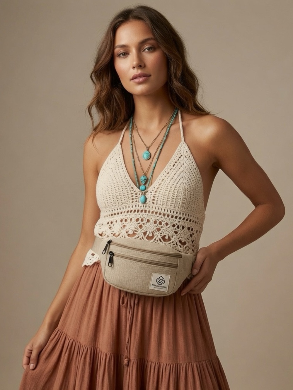 NEW Versatile Cream Canvas Belt Bag with Front Zip Pocket